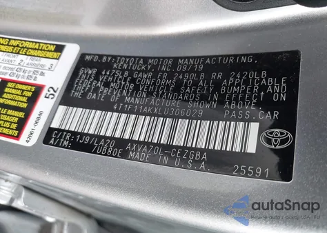 2020 Toyota Camry Xle z USA, uszkodzony, nr VIN 4T1F11AKXLU306029